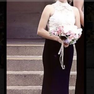 Classy open back black and white dress.